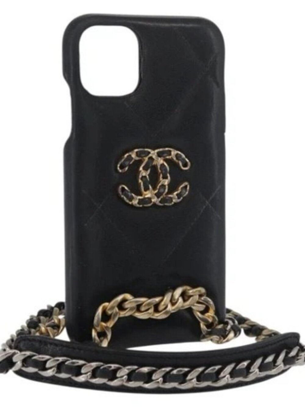 CHANEL Matelasse Chain iPhone Case Bag Lamb Skin Black Gold CC Auth BA12149A
